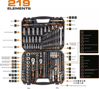 Set veglash Neo 10-076, 219 pjesë, kuti plastike, argjendtë
