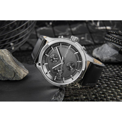 Ora burrash Calvin Klein Gents, 44mm, rrip lëkure, e zezë