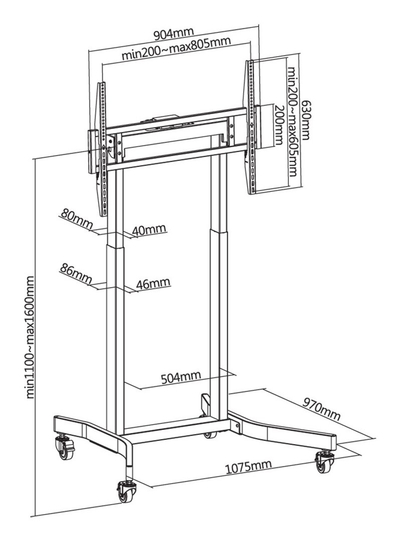 Stendë mobile për TV Techly 55"-100", rregullim elektrik, 120 kg, e zezë