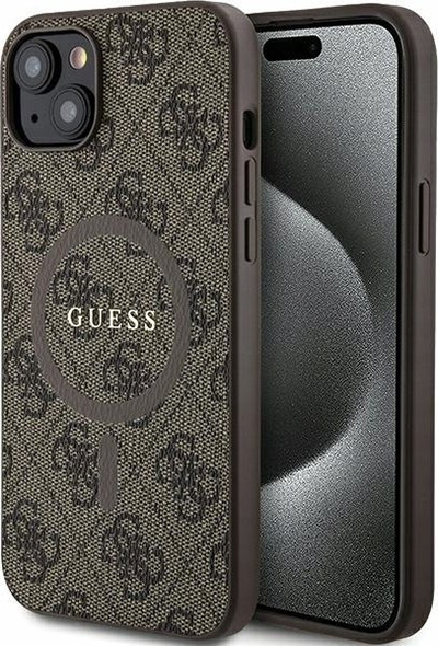 Këllëf MagSafe Guess 4G Leather Metal Logo për iPhone 13 14 15, 6.1", lëkurë, bezhë