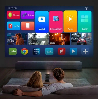 Projektor i vogël DLP portativ, Full HD 4K, WiFi me Android, me bateri