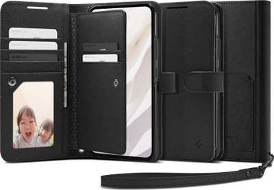 Këllëf telefoni Spigen Wallet S Plus për Samsung Galaxy A54 5G, lëkurë PU, me portofol, ngjyrë e zezë