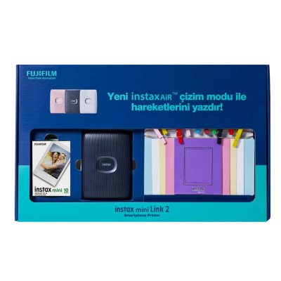 Set Fujifilm Instax Mini Link 2, i kaltër i errët (printer, ngjitëse, 10 filma)