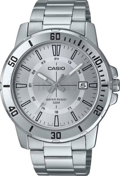 Ora dore Casio MTP-VD01D-7C, klasike për meshkuj, zinxhir çeliku, argjendtë