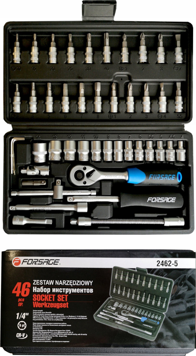 Set çelësash me koka Forsage, 1/4", 46 copë, ngjyrë argjendtë