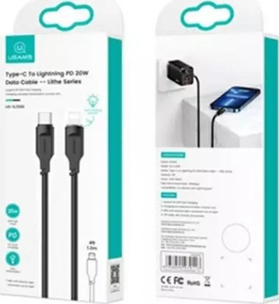 Kabllo USB Usams Lithe Series US-SJ566, USB C në Lightning, 1.2 m, PD 20W, e zezë