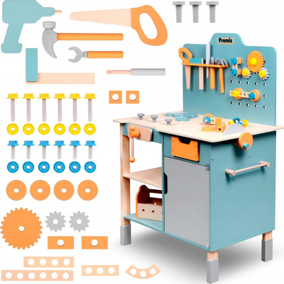 Set pune druri për fëmijë Promis Wooden Tool Set, me vegla, shumëngjyrësh
