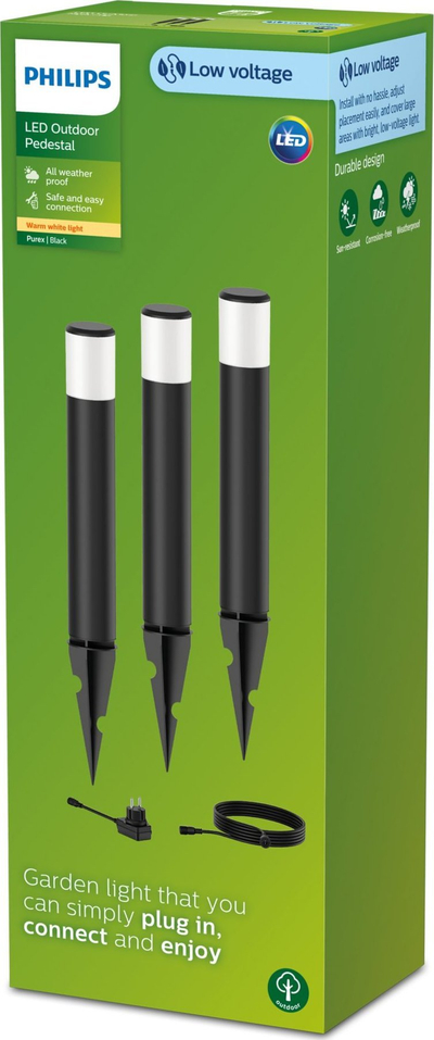 Set me 3 shtylla drite kopshti Philips Purex Gardenlink, LED 3x1.5W, dritë e ngrohtë 2700K, i zi