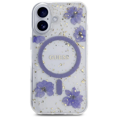 Футрола за телефон Guess Resin Flowers Glitter MagSafe, за iPhone 16 6.1", виолетова