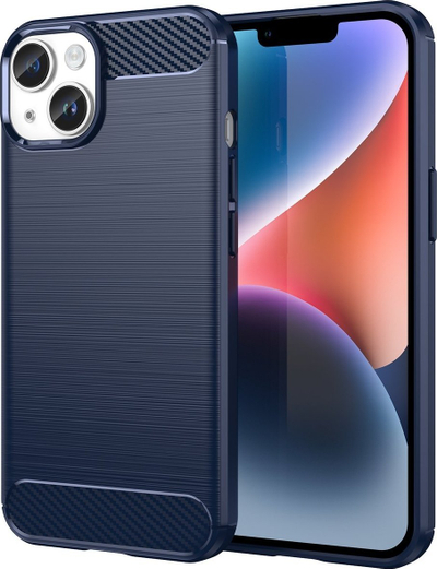 Mbrojtëse telefoni Carbon Case për iPhone 14, xhel TPU i butë, teksturë karbon, blu e errët