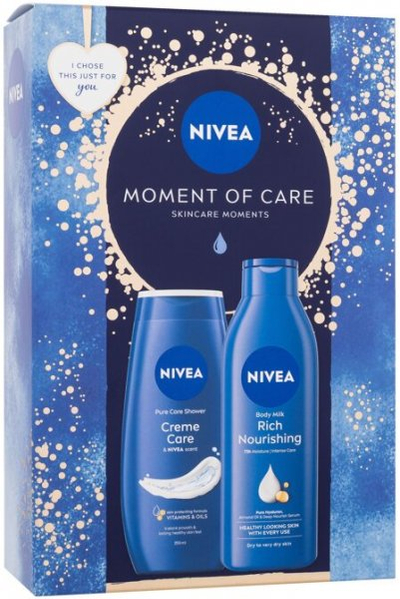 Set për femra Nivea Moment Of Care Creme Care Shower Gel, 250 ml + Rich Nourishing Body Milk, 250 ml