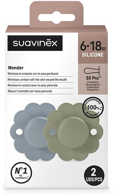 Qetësues silikoni Suavinex Wonder SX PRO, 6-18m, set 2 copë, blu dhe jeshile