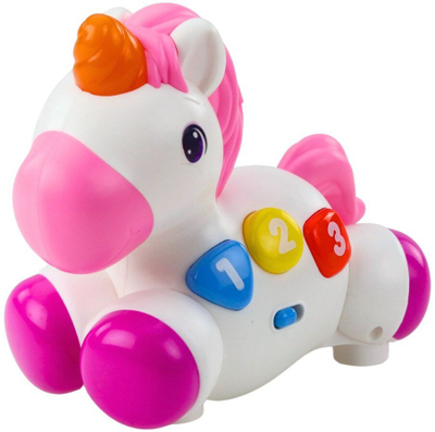 Lodër interaktive njëbrirësh Baby Toys, me drita edhe tinguj, 18+ muaj, e bardhë rozë