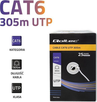 Kabllo interneti Qoltec UTP CAT6, 305m, PVC, gri