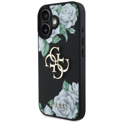 Kapak telefoni Guess Grained Roses Big 4G Logo për iPhone 16, plastik, për telefon, i zi