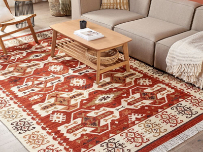 Qilim kilim boho, 200 x 300 cm, lesh edhe pambuk, shumëngjyrësh me pupla