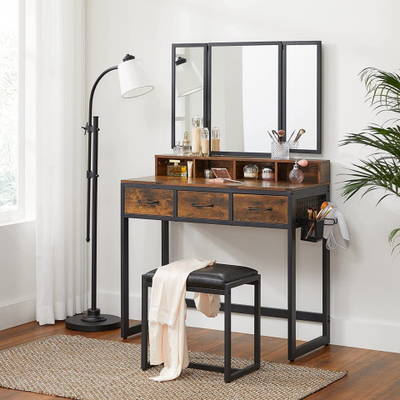 Tavolinë tualeti rustike Cosmetic Dressing Table, pasqyrë e madhe palosëse, 3 sirtarë, me stol, kafe