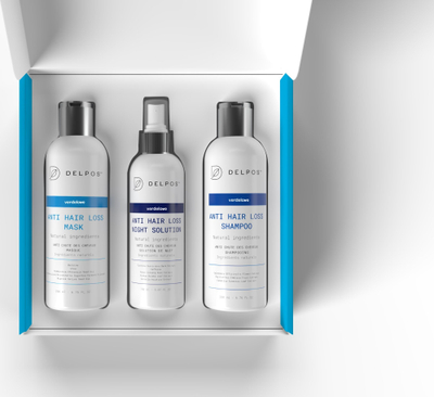 Set kundra rënies së flokëve Delpos Anti Hair Loss, shampo, maskë edhe solucion nate, për kokë të ndjeshme, i bardhë