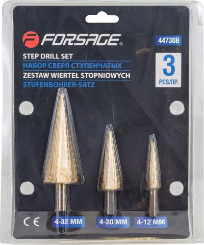 Set stërvilash me hapa Forsage F-44730B, 3 copë, për metal edhe plastikë