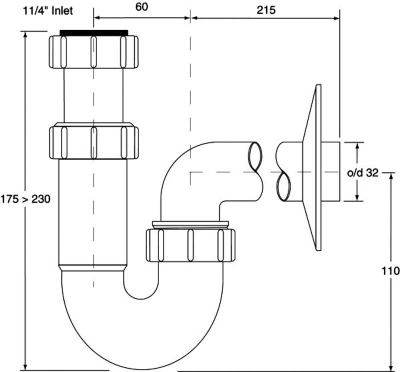 Sifon tubular për lavaman McAlpine HC4PF-32, 1 1/4", DN32, i bardhë