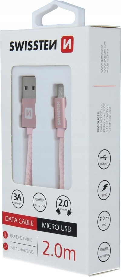 Kabllo USB Swissten Textile, USB me Micro USB, 2m, 3A, e zezë