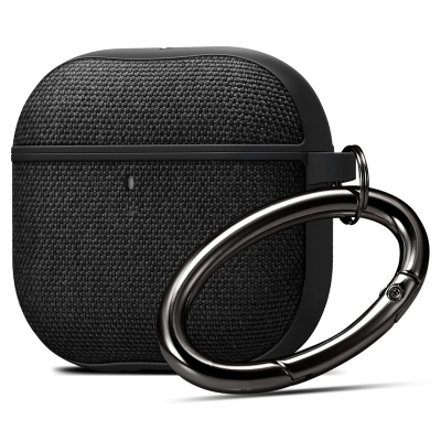 Strehë mbrojtëse Spigen Urban Fit për AirPods 4, pëlhurë premium, me karabinier, e zezë