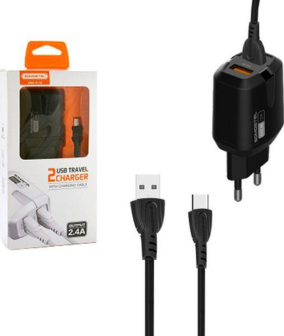 Karikues NETWORK, 2xUSB, 2.4A, 12W, i zi + kabllo USB-C SOMOSTEL, 1m, e zezë