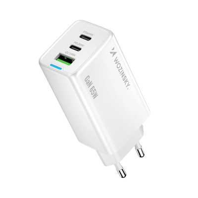 Полнач за ѕид Wozinsky GaN 65W, 2x USB C 1x USB A, со кабел USB C, бел