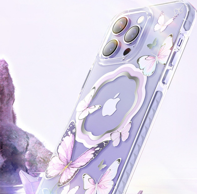 Kuti magnetike Kingxbar Butterfly Series për iPhone 14 Plus, TPU e tejdukshme, përputhet me MagSafe, me flutura shumëngjyrëshe