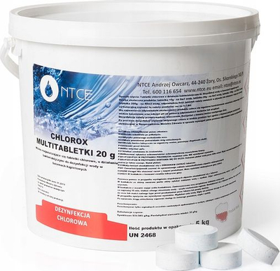 Tableta klori multifunksionale NTCE CHLOROX 20 g për pishina, bidon 5 kg