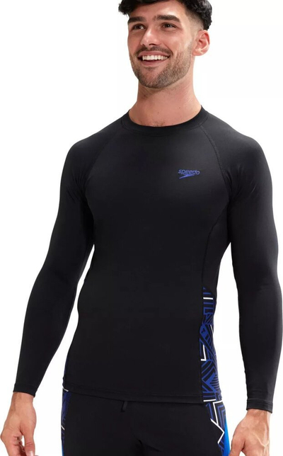 Bluzë rashguard për burra Speedo ECO Endurance+ Splice, me mëngë të gjata, UPF40+, e zezë me blu