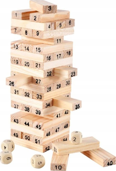 Lojë druri Jenga Wiss Toy GR0090, 54 kube, me zare druri, ngjyrë druri natyrale