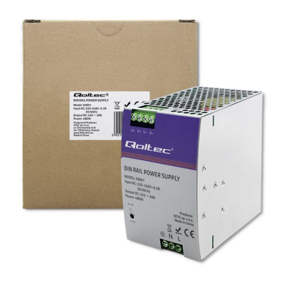 Furnizues energjie DIN Rail Qoltec 50901, 480W, 24V 20A, ngjyrë argjendtë