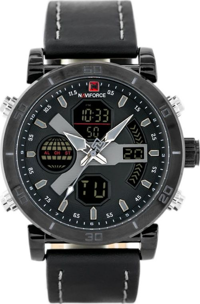 Orë dore Naviforce, kronograf analog-dixhital, me rrip lëkure të zezë