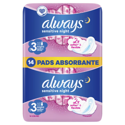 Peceta higjienike Always Sensitive Night S3, 14 copë