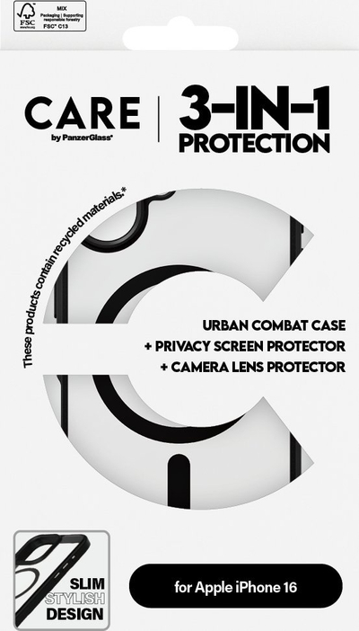 Set mbrojtës CARE by PanzerGlass 3‑në‑1, për iPhone 16, xham privacy, kapak me MagSafe, i zi