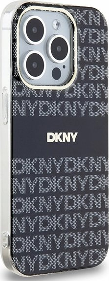 Заштитна маска DKNY Repeat Pattern Tonal Stripe MagSafe за iPhone 15 Pro, PC TPU, црна