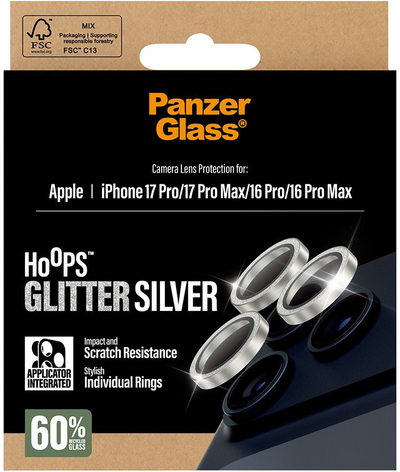 Mbrojtës kamere PanzerGlass Hoops, për iPhone 17 Pro 17 Pro Max 16 Pro 16 Pro Max, Glitter argjendi