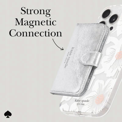 Portofol MagSafe Kate Spade Morgan, mbajtëse kartash, mbyllje me magnet, argjendtë metalik