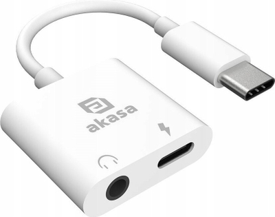 Adapter USB C në 3.5mm Akasa, dhe për audio dhe për karikim njëkohësisht, 15W, i bardhë