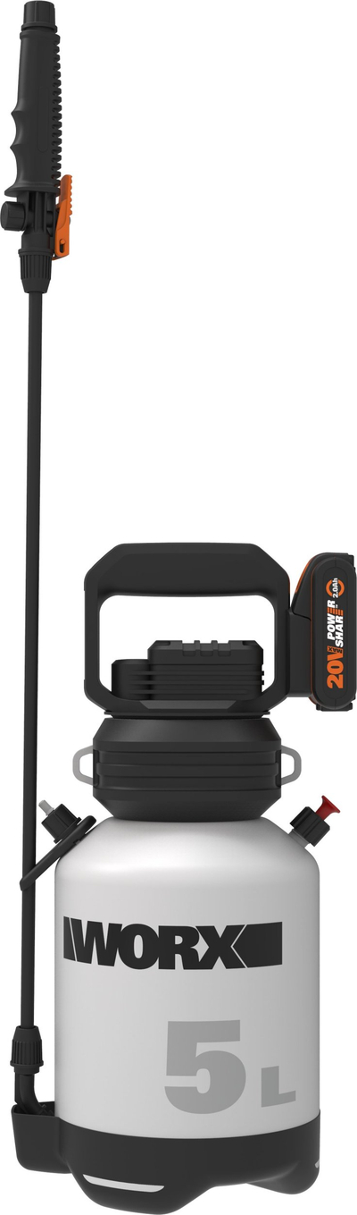 Pompë spërkatëse Worx 20V pa kabllo, 5L, me bateri e karikues, portokalli