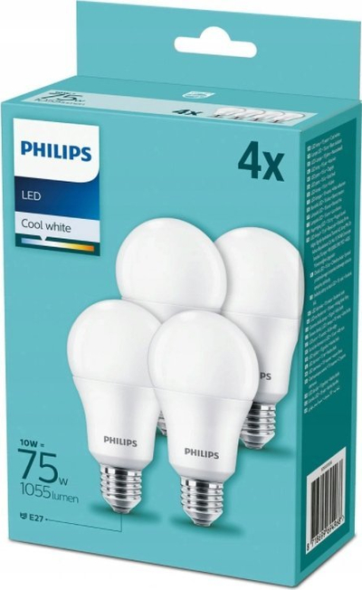 Llambë LED Philips A60 E27, 10W 2700K, set me 4 copë, e bardhë mat