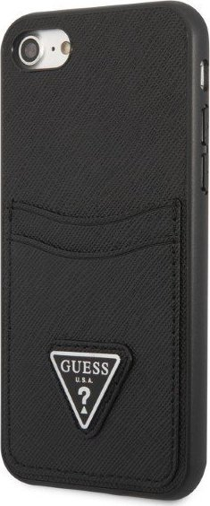 Këllëf telefoni Guess 4G Saffiano Double Card për iPhone 7, 8, SE, me xhepa për karta, i zi