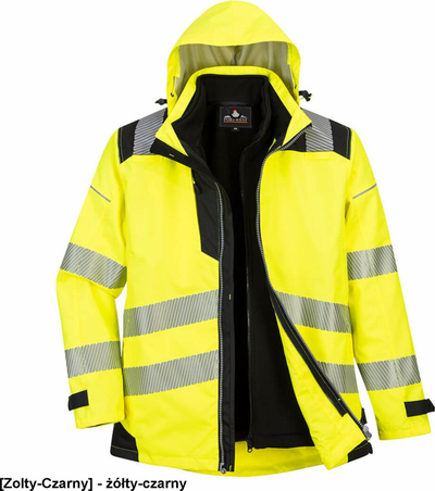 Xhaketë pune Portwest PW3 Hi Vis 3‑në‑1, reflektuese, e papërshkueshme nga uji, e verdhë me të zezë