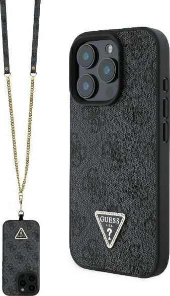 Mbështjellës telefoni Guess Leather Logo Rhinestone Crossbody për iPhone 16 Pro Max 6.9", me rrip, i zi