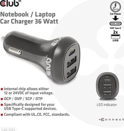 Karikues makine Club3D Car Charger, 36W, 3 porta USB, i zi