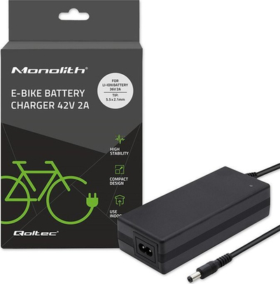 Karikues për biçikletë elektrike Qoltec, 36V 42V 2A, prizë 5.5x2.1, i zi