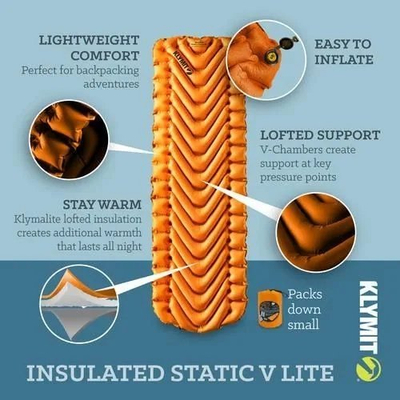 Dyshek kampingu Klymit Insulated Static V Lite, super i lehtë, 4 sezone, portokalli
