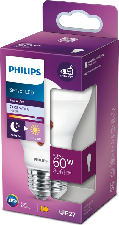Llampë LED Philips me sensor, E27, 6.5W 806lm, dritë e bardhë e ftohtë