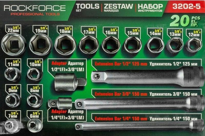 Set çelësash me kokëza ROCKFORCE, 3/8", 20 copë, me zgjatues dhe adaptera